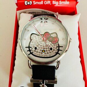 SANRIO HELLO KITTY CRYSTALS AND RED BOW CHARM FAUX LEATHER BAND WATCH 42 MM